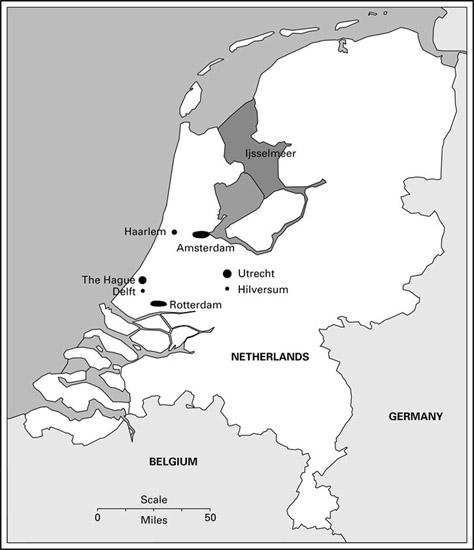 Figure 18–1 The cities in the ring form the Randstad Holland described in the text. The diameter of the Randstad, about 50 miles, is similar to that of the London or New York metropolitan area. About 70 miles north of the Randstad is a huge dike behind which are polders (shaded areas), flat low-lying agricultural lands reclaimed from the North Sea.