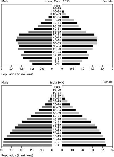 Figure 18–2 South Korea’s population (top) now has a heavy concentration of people in middle age, a favorable situation for economic growth. But in another two decades or so it will be heavily weighted toward retirement age population, a much less favorable situation. Note that the population age 40–44 is almost twice the size of the population age 0–4. The present population stability will be replaced by one of substantial decline unless there is a large increase in fertility. In India (bottom) the youngest age cohorts are the largest, so population shrinkage, if it happens at all, is many decades away. The changing slope at the bottom of the pyramid indicates that India’s still high fertility rate has been declining.