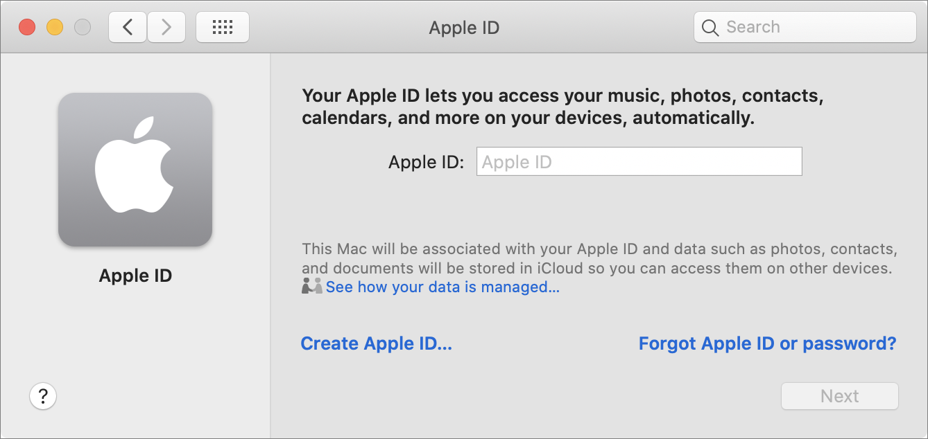 Figure 1: Starting in Catalina, iCloud preferences are a subset of Apple ID preferences, so start by signing in on the Apple ID pane.