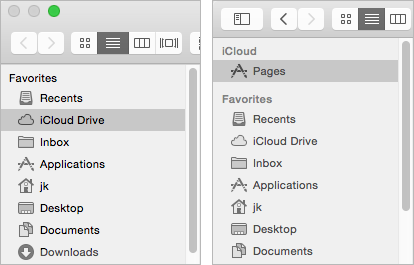 Figure 14: Apps without explicit iCloud support (left) have an iCloud Drive entry in Open and Save dialogs. Those with iCloud support (right) also have their own entry at the top. (If Desktop & Documents Folders is enabled, iCloud Drive, Desktop, and Documents appear under an iCloud heading.)