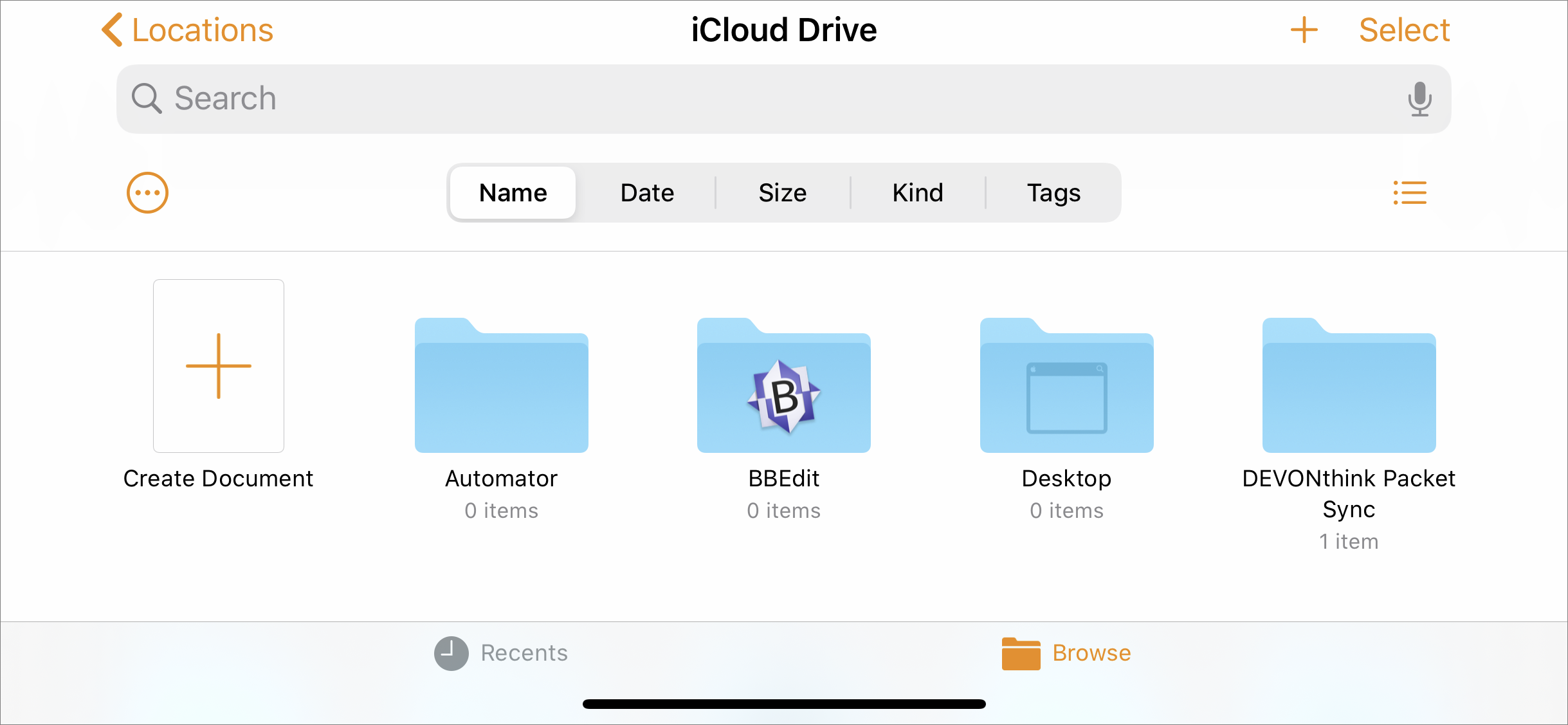 Figure 18: The iCloud Drive document picker in a typical iOS or iPadOS app. (You may need to swipe down to see the Search field and other controls at the top of the page.)