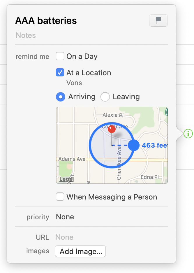 Figure 22: Set up a location-based reminder in Reminders on a Mac.