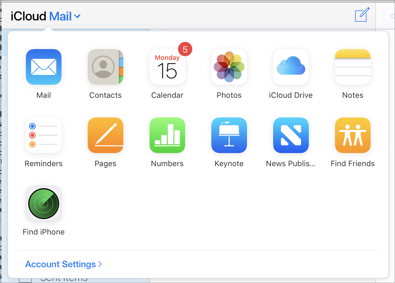 Figure 30: The iCloud app switcher appears when you click the current app’s name in the corner of the window.