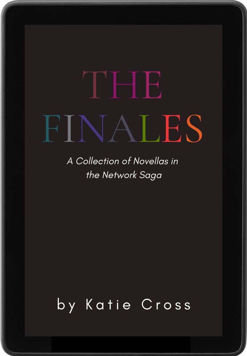 Book cover for THE FINALES. It’s set in an e-reader. The background is a slate gray, with each letter a different color, representing each of the novellas published in The Network Saga, in order.