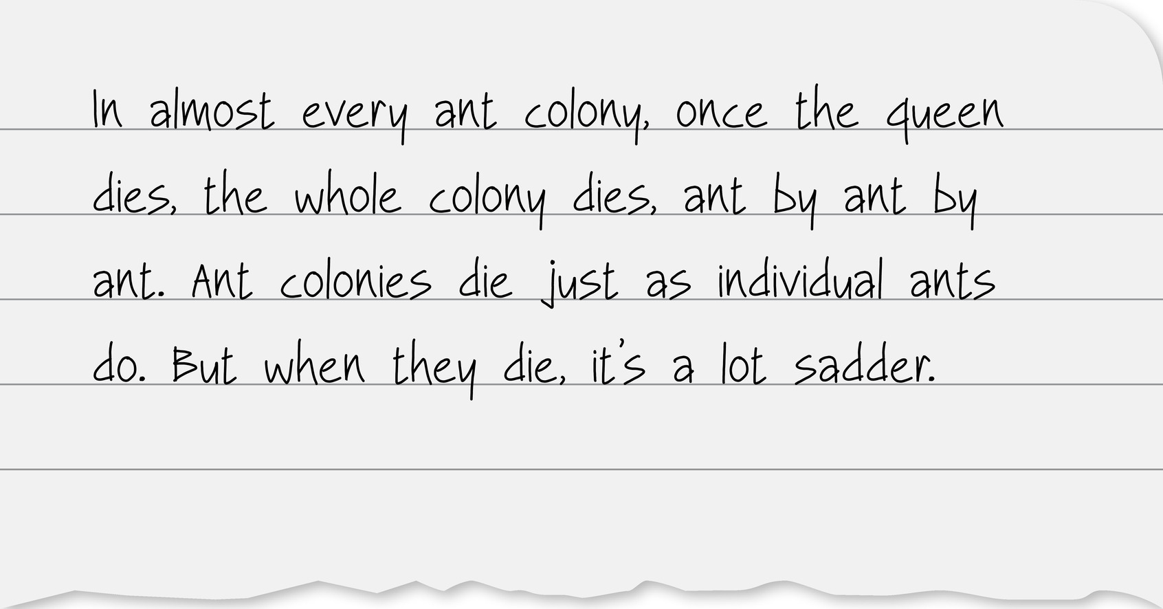 In almost every ant colony, once the queen dies, the whole colony dies, ant by ant by ant. Ant colonies die just as indi