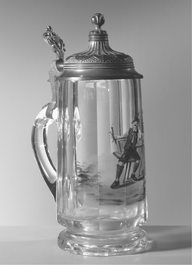 Stein in crystal glass and transparent enamel, pewter lid. Germany, 19th century.