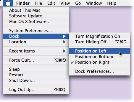 In this book, arrow notations simplify folder and menu instructions. For example, “Choose →Dock→Position on Left” is a more compact way of saying, “From the menu, choose Dock; from the submenu that then appears, choose Position on Left,” as shown here.