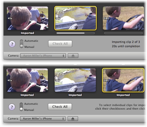 Top: The time readouts here not only tell you how much longer it’ll take to import a clip in “minutes:seconds” format, it also shows you how many clips iMovie still has to import.Bottom: When it’s all over, the word “Imported” appears under each thumbnail. That’s a handy reminder when you’ve opted to import only some of your clips.
