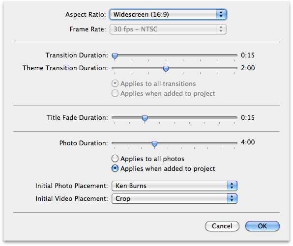 The Project Properties dialog box lets you specify how you want misfitting video wedged into your chosen movie-frame shape: by cropping or by zooming. Here, you can also change the aspect ratio for a project—even one that’s underway.