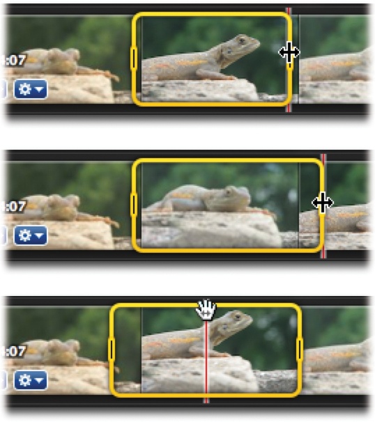 Top: You can adjust the start or end points of a selection by dragging the side handles.Middle: You can Shift-click to extend, or shrink, the right or left edge of the border. (iMovie adjusts whichever end of the border is closest to your Shift-click.)Bottom: You can use the top or bottom edge of the yellow border as a handle to slide the entire selection area horizontally, without changing its duration. (You can also press the left or right arrow keys.)