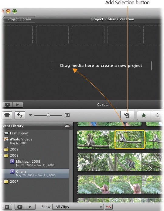 When the storyboard area is fresh and new, the message “Drag media here to create a new project” appears. (It means “drag movies here,” of course.) But clicking the Add Selection button, or pressing the letter E, works just as well.