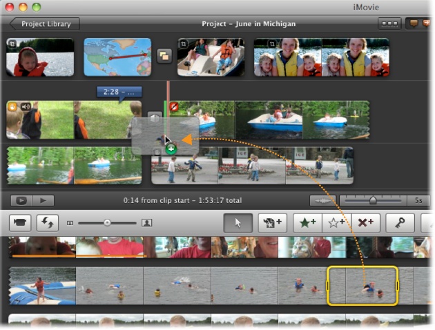 Once you highlight some video (bottom), you can drag it into position anywhere in the storyboard—in the gap between two existing clips, for example, or even in the middle of an existing clip. In the latter case, iMovie splits the existing clip in half, and puts the new footage between the split pieces.