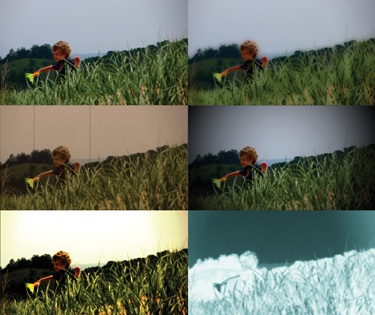 Most video effects in iMovie are really video filters, each of which adds a unique style to your movie. This image demonstrates some of the effects. Clockwise from top left: The original clip, Cartoon, Vignette, X-Ray, Heat Wave, and the much-adored Aged Film.