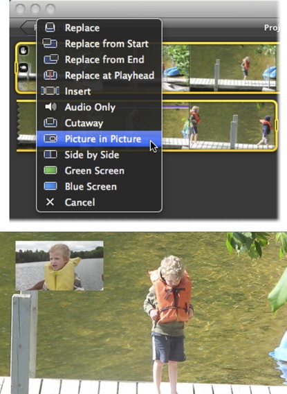 Top: When you add footage on top of a project clip, iMovie offers the Picture-in-Picture feature as an option (assuming you turned on Advanced Tools).Bottom: PiP clips float over the underlying clip. They’re a great way to have a narrator tell a story about what’s happening in the main clip.