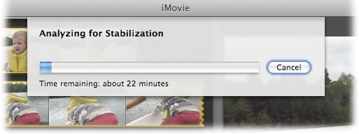 Be prepared to wait when you decide to analyze a clip. Depending on the speed of your computer, it can take between 5 and 12 minutes (or longer for older Macs) for every minute of footage iMovie stabilizes. If you have a lot to analyze, let the Mac do its job overnight while you get some beauty sleep.