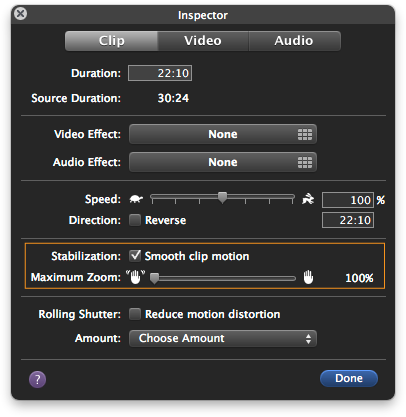 A stabilized clip in your project displays a checkmark in the Stabilization box, plus the Maximum Zoom slider. Turn Stabilization on and off all you like; iMovie only has to analyze a clip but once.