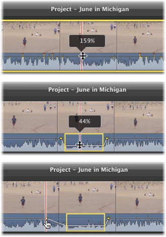 Top: If you drag the entire rubber band up or down, you see the volume for the whole clip change, and iMovie shows you the percentage change with a floating window.Middle: To adjust the volume for just part of a clip, drag horizontally across the waveform to select a range of audio. The yellow box shows you what you selected. Now drag the rubber-band line inside the yellow; you’re changing the volume only for the selected region.Bottom: To adjust the fade for volume changes, making them gradual or abrupt, grab the little yellow bubbles on either side of a volume change. Drag them outward for a gradual fade and in for an abrupt one.