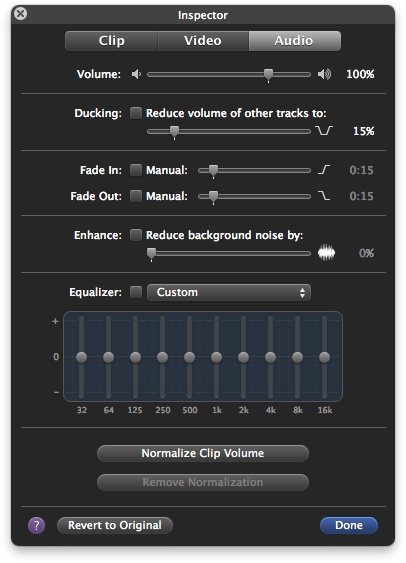 Click the button to open the Inspector, and then select the Audio tab to make all kinds of audio adjustments.