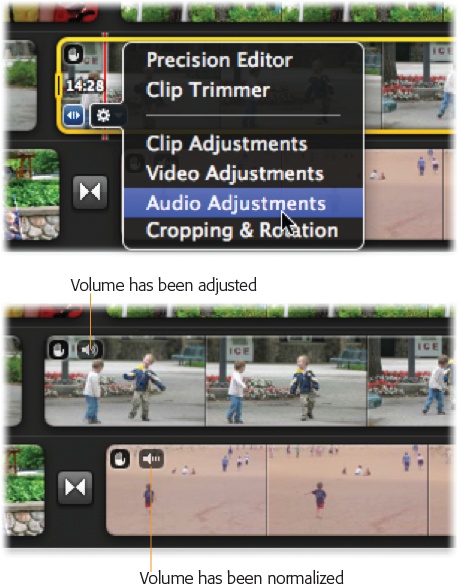 Top: In the iMovie scheme, the badge gives quick access to audio adjustments.Bottom: The upper clip’s audio has been made louder or softer (the badge is now permanent, and shows round sound waves). The lower clip’s audio has been normalized (straight sound waves). It may sound truly abnormal, but at least its audio levels are roughly even with the rest of the movie.