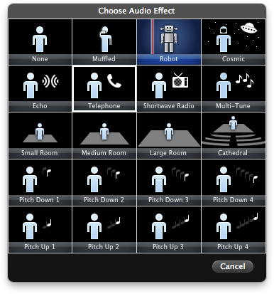 iMovie offers you a range of audio effects, from muffled to cosmic and from mannish to mousy. Note the cute little figures illustrating what each effect does.