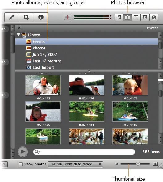 The Photos browser shows all the pictures you imported into iPhoto (or Aperture, if you have it). Use the navigation menu to limit the photos display to those in a certain album or folder. (The white lettering at the lower right tells you how many events or photos you’re currently viewing.) Note the Search box. As you type into it, iMovie smoothly hides all photos except those whose names or keywords contain matching text. It’s an amazingly quick way to pinpoint one photo out of several thousand. To clear the search box and return to viewing all photos, click the at the right end of the box.