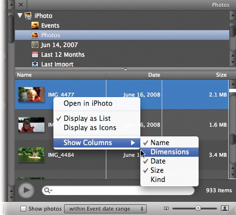 The List view shows each photo, the day it was taken, and its size. An additional right-click lets you add even more columns that show the photo dimensions and file type. To return to icon view, right-click (Control-click) again and choose “Display as Icons.”