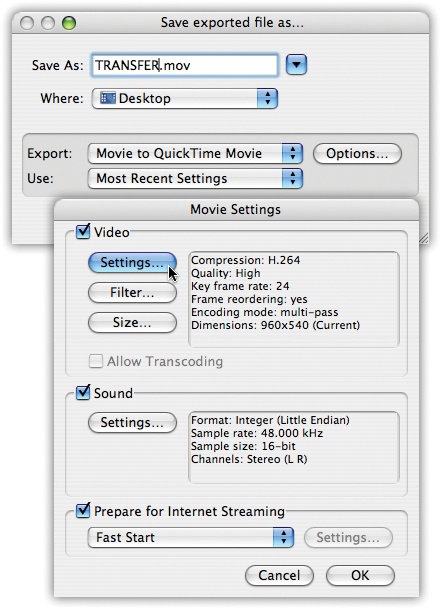 Top: In this first dialog box, your job is to type a name for the exported movie. It doesn’t really matter what you call it. Choose your desktop as the save location, but don’t click Save yet.Bottom: Here’s where you specify a format for your exported QuickTime movie. Click Settings. Incidentally, you can also pass your iMovie ’11 projects off to Final Cut Pro or Final Cut Express (page 470 has the details). That way, you can use iMovie for what it’s good at (importing video from tapeless camcorders, and quickly choosing the best shots)—and then use Final Cut for what it’s good at (everything else).