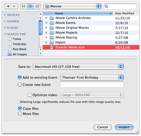 Before you find and open your transfer movie, specify whether you want it to become part of an existing Event or a new one. (See page 34 for details on this process.)