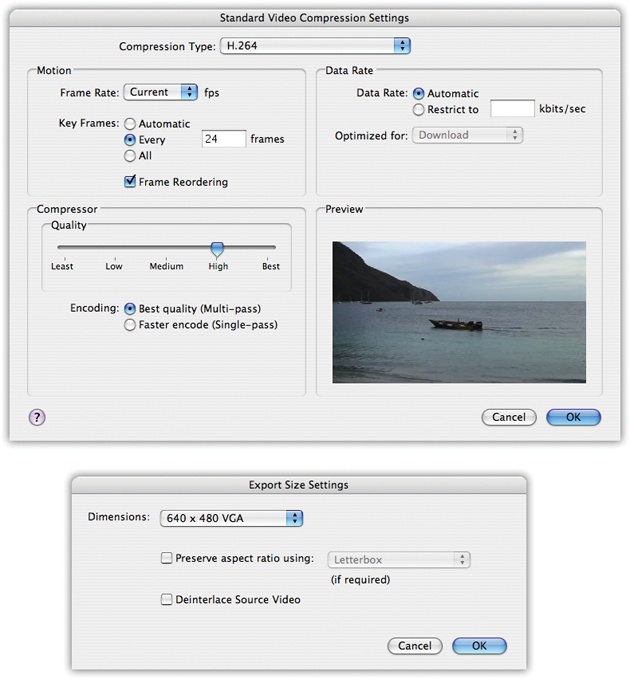 Top: This dialog box gives you point-by-point control over the look, size, and quality of the QuickTime movie you export. Not all these controls are available for all codecs. Furthermore, only some of the codecs have an Options button in the middle of the dialog box.Bottom: Here’s where you can specify the dimensions of the movie you’re saving, in pixels. (This box appears when you click the Size button shown in Figure 15-4.)