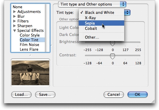 The Filter dialog box has special effects that let you adjust the color, brightness, or contrast of the footage; sharpen or blur it; add a phony lens flare; or even add fake film “noise,” like scratches and dust. Using both the Load and Save buttons, you can even save an effects configuration to your hard drive, so you can apply exactly the same settings to another clip at another time. (Unfortunately, you can apply only one effect at a time.)