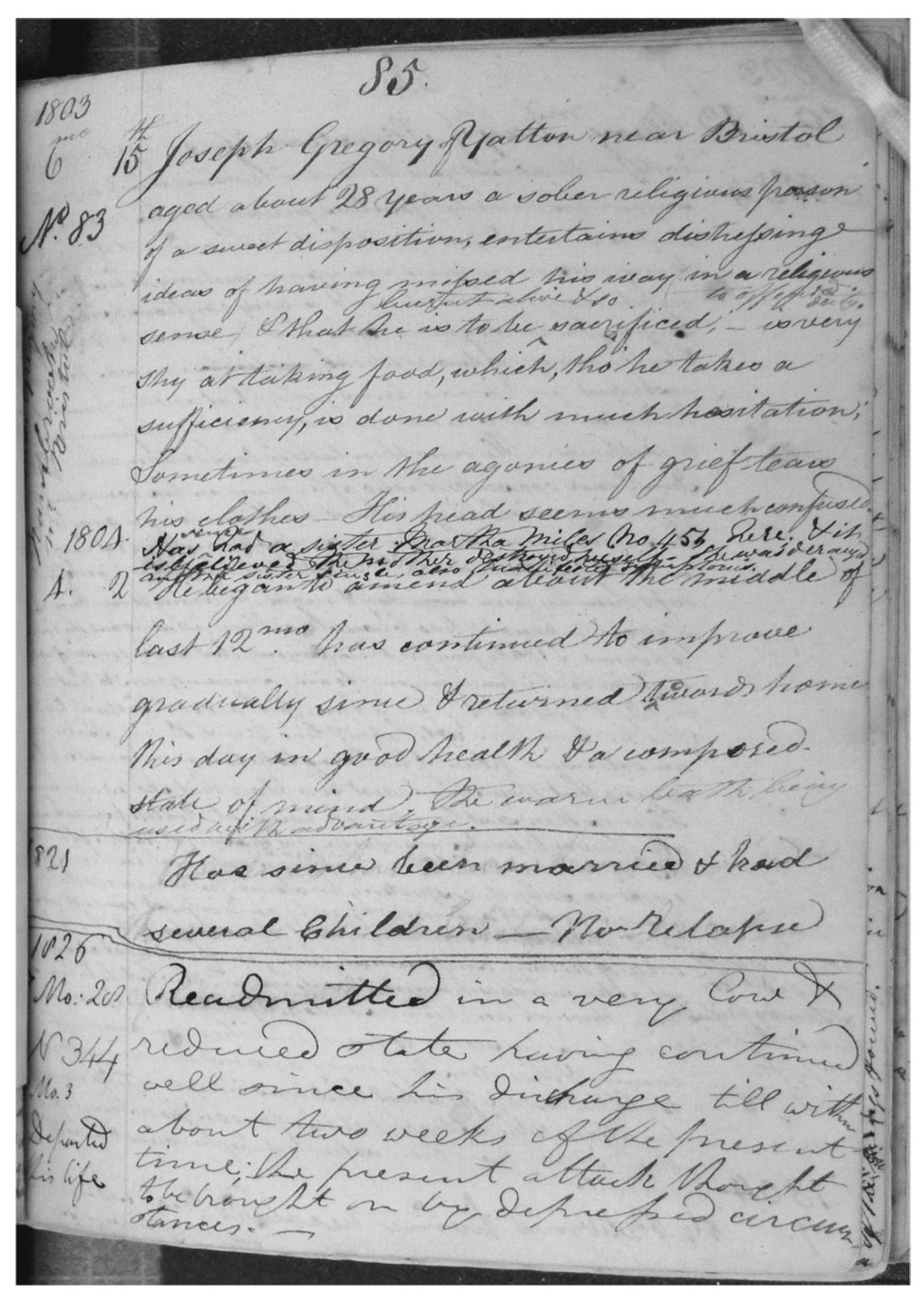 F  3.3. Retreat at York, Case Book, Patient 83, John Thurnam’s insertion: “Has had a sister Martha Miller No. 454 here & it is believed the Mother destroyed herself. She was deranged and another sister, single, also manifested symptoms.” Reprinted from an original in the Borthwick Institute, University of York, RET 6/5/1/1A Case Books.