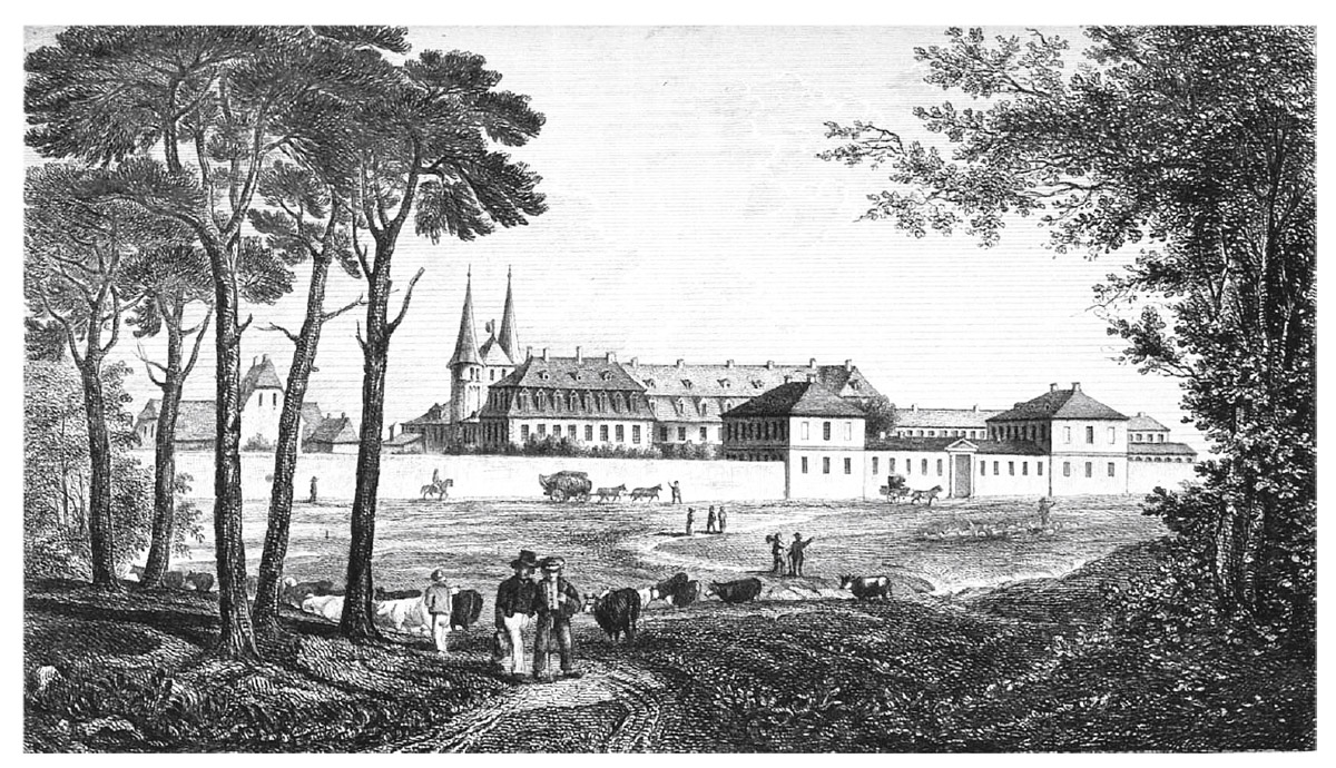 F  5.2. Asylum at Stéphansfeld (near Strasbourg). This lithograph from 1841 of the first asylum in Alsace shows a tranquil, rural site enclosed by walls. The institution was a key site of French statistics of insanity and, along with some nearby institutions, an important conduit for translation and data communication between French and German alienists. It remained so after 1871, when it was incorporated into the new German empire. From   (Strasbourg: Vve Berger-Levrault, 1841), plate 1. In public domain.