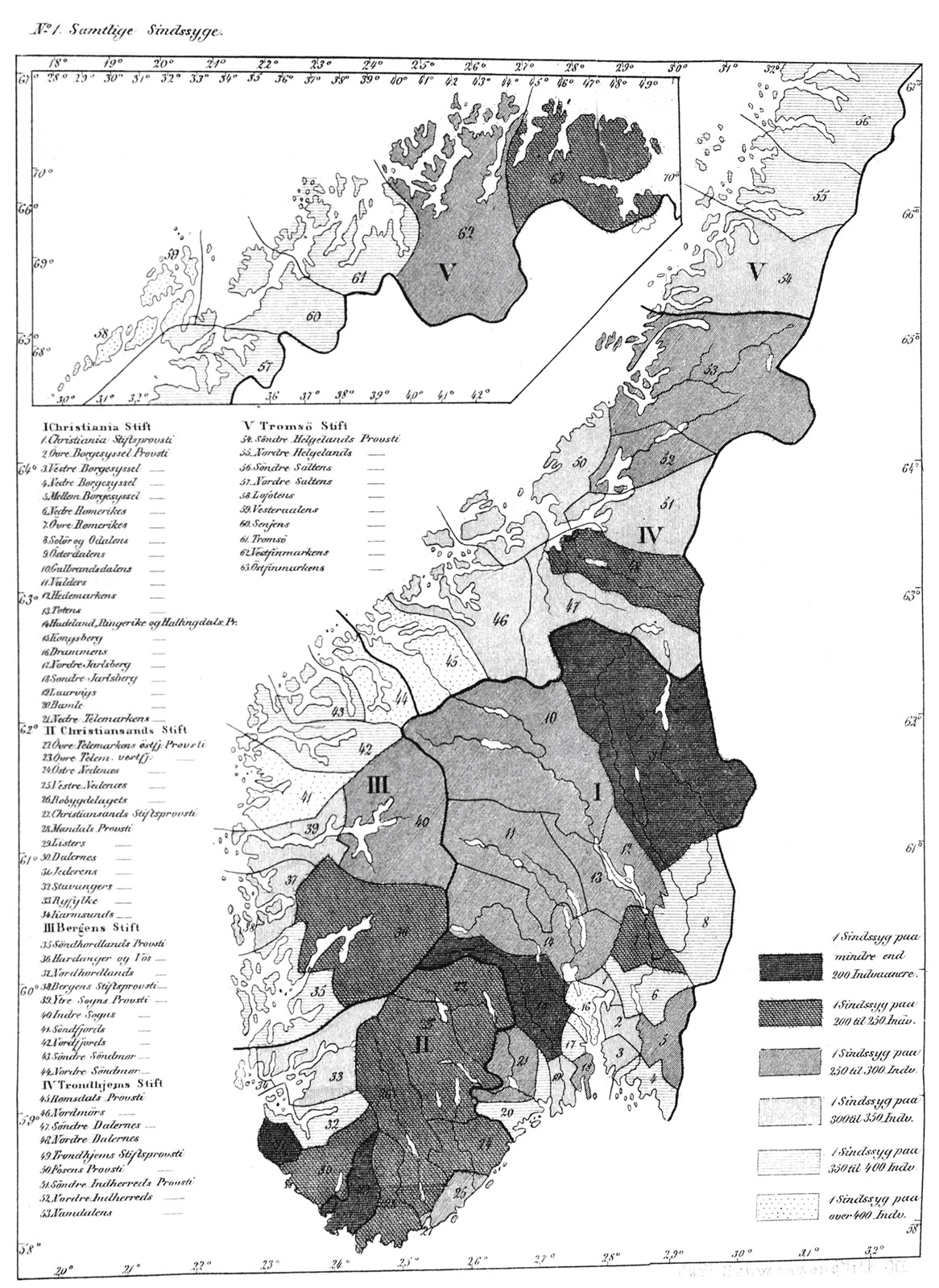 F  6.2. Norwegian shaded map showing relative frequencies of insanity, based on census data. Ludvig Dahl used these maps to pick out regions deserving detailed genealogical study, hoping to identify sources as well as paths of transmission for hereditary factors. From Dahl,  .