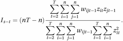 Is−t=(nT−n)∑t=2T∑i=1n∑j=1nwijt−1zitzjt−1∑t=2T∑i=1n∑j=1nwijt−1∑t=1T∑i=1nzit2.