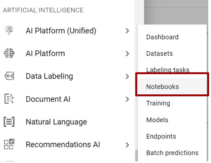 Figure 12.2 – AI Platform Notebooks in the console's menu
