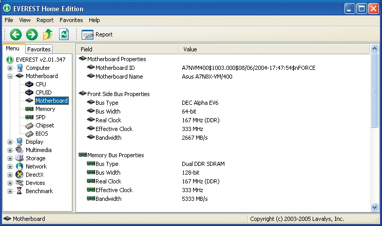 Everest identifies a motherboard as an ASUS A7N8X-VM/400