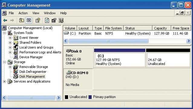 Computer Management displays drive letter assignments