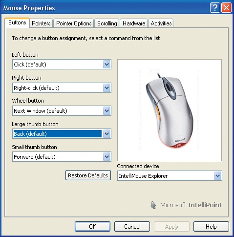 The Windows Mouse Properties dialog as modified by installing the Microsoft IntelliPoint mouse driver