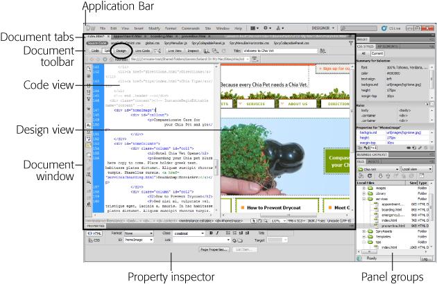 Out-of-the-box, Dreamweaver documents appear in "Split view"—HTML code on the left and the web page design on the right. If you prefer to see how your page looks as you add and delete elements, click the Design button (circled) in the Document toolbar; that hides the HTML view and brings the page view full-screen. To switch among open documents, click a file's tab immediately above the Document toolbar.