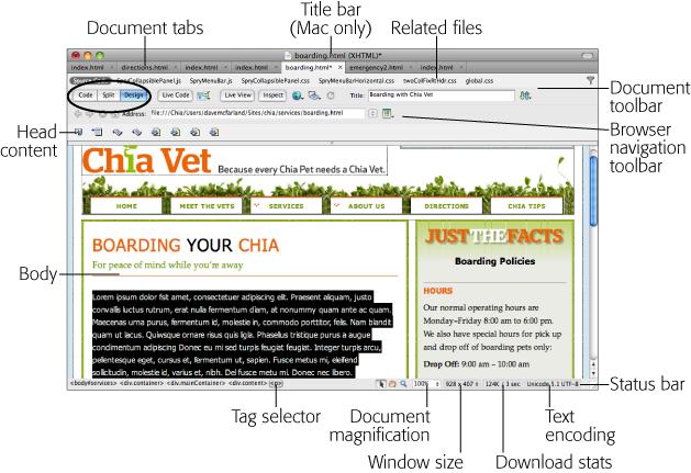 A document window like this represents each web page; here's where you add text, graphics, and other objects as you build a page. The status bar at the bottom of the window provides some useful information. It shows you how quickly the page will download and the way the page encodes text—"encoding" refers to the characters the computer uses to represent text onscreen. Today's web pages use UTF-8, which lets you include lots of different characters—including letters from non-Latin based languages. On page 76, you'll see how UTF-8 lets you easily include fancy typographic characters—like that em-dash you just passed and real ellipses.