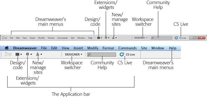 Dreamweaver's Application bar looks slightly different on Windows (top) and Macs (bottom).