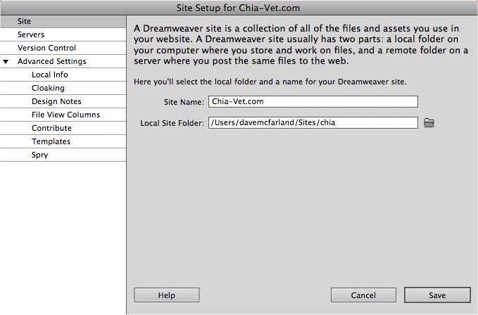 The Site Setup window lets you tell Dreamweaver about your site—where you store your files, how to connect to your web server so you can upload files to the Internet, and so on. To get started, you only need to provide the two pieces of information in this window. You'll find the other categories discussed later in the book: the Servers category lets you connect to a web server to upload files to your website (Chapter 18) and point Dreamweaver to a "testing server" for complex, database-driven websites (Part Six); the Version Control category is for those using the (very complex) Subversion system (most people—the author of this book included—never use this option, but if you're curious, see the box on page 713 for more information). You'll find the Advanced settings discussed in step 5 below and elsewhere in this book.