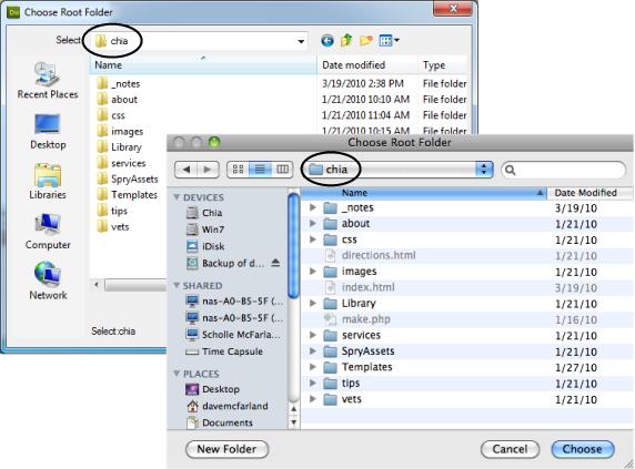 The dialog box for selecting a folder in Windows (top) is pretty much the same as the one for Macs (bottom). You can verify which folder you're about to select by looking in the Select field for Windows (circled in top image) or in the path menu on a Mac (circled in bottom image).