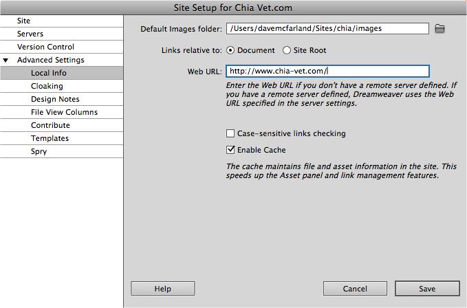 You can happily use Dreamweaver without ever visiting the Advanced Settings options listed in the left-hand column of the Site Setup window. The Local Info options are discussed above, and the other options are discussed elsewhere in this book: Cloaking on page 708, Design Notes on page 721, File View Columns on page 650, Contribute on page 750, Templates in Chapter 20, and Spry on on page 188.