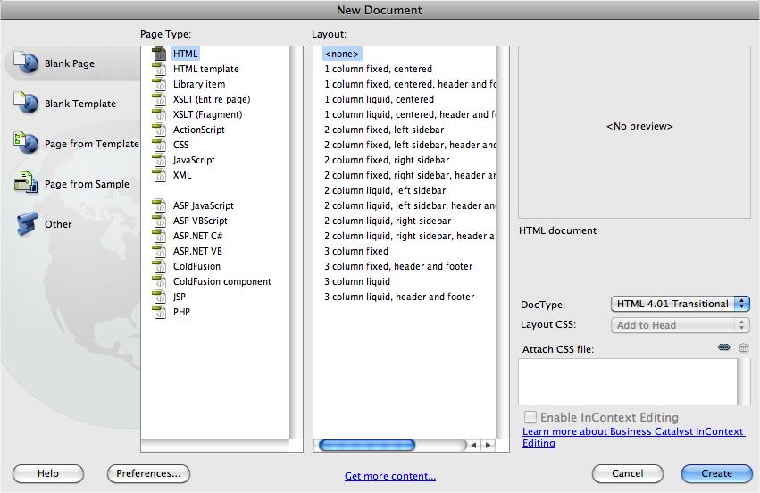 The New Document window lets you create nearly every type of web document under the sun. Dreamweaver CS5 includes a revamped set of prepackaged CSS layouts, using the latest web design techniques. You can learn more about these "CSS Layouts" in Chapter 9.