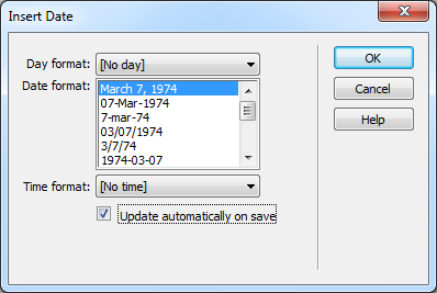 When you insert a Date object (a placeholder for the actual date) onto a web page, you have several additional options: If you want to add the day of the week, choose the format you want from the "Day format" pop-up menu. You may also choose to add the current time in hours and minutes—in either military time (22:18) or regular time (10:18 PM)—from the "Time format" pop-up menu.