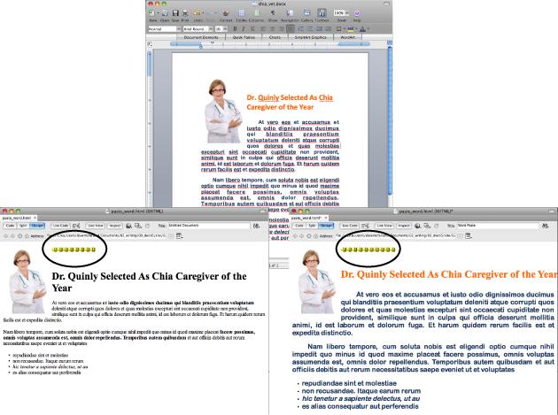 Dreamweaver lets you paste Word text (and graphics)—like the contents of the Word file (top)—into a web page while preserving basic formatting options like headlines, italic, paragraphs, and bold (bottom left). The Paste Special command lets you preserve more advanced formatting, such as fonts, colors, sizes, and margins (bottom right). But this special treatment comes at a price: Dreamweaver embeds the CSS code needed to get this fancy formatting into the HTML, making it very time-consuming to change.