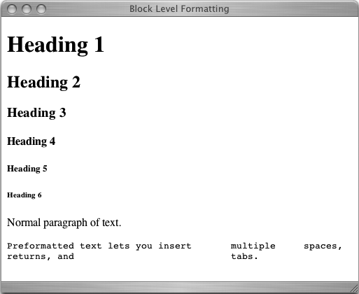 You can apply any of eight basic paragraph formats to a block of text: Headings 1 through 6, Paragraph, and Preformatted. If you don't add any special modifications to the individual paragraph formats, then they vary in size, font, and boldness, as you can see here.