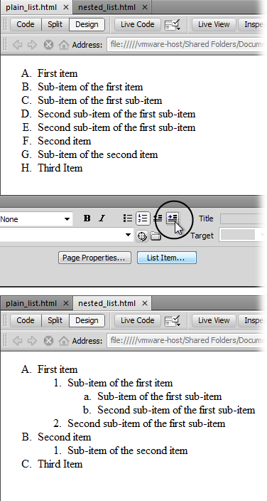 Top: To create a nested list, start with a single list—in this case, a numbered list using capital letters instead of numbers.Middle: Select a subtopic, and then click the Indent button (circled) or choose Format→Indent.Bottom: The item becomes a nested list, indented from the main list and with its own numbering. Notice, too, that the major points have been renumbered—letter E from the top figure is the letter B in the bottom figure—to reflect the list's new order.