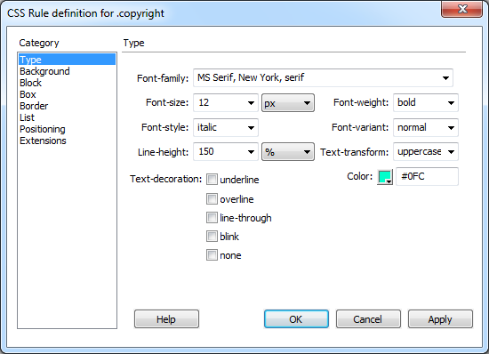 For ultimate formatting control, Dreamweaver lets you set dozens of different Cascading Style Sheet properties from the CSS Rule Definition window. You'll learn about these options throughout this book. For example, you can find the Type properties shown here discussed on page 128.